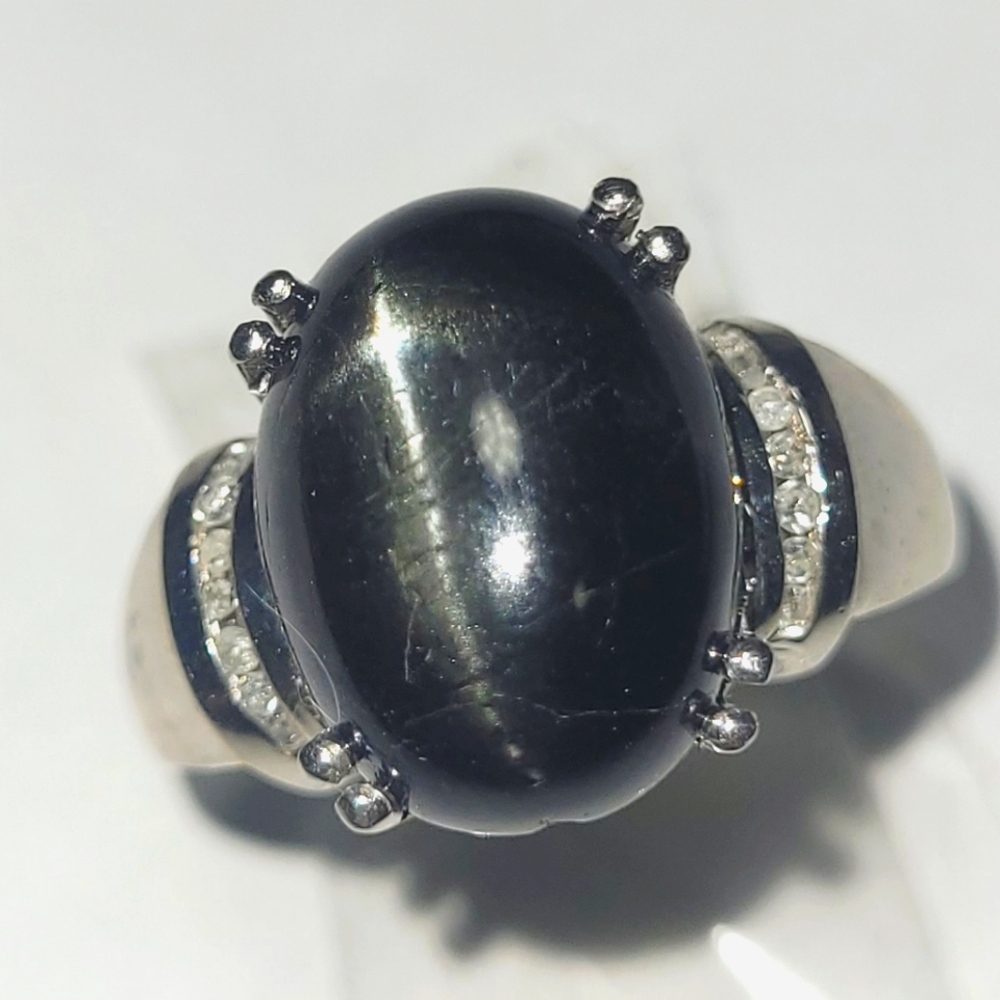 Ring 8 carat Black Tourmaline and Diamond Sterling Silver sz 10